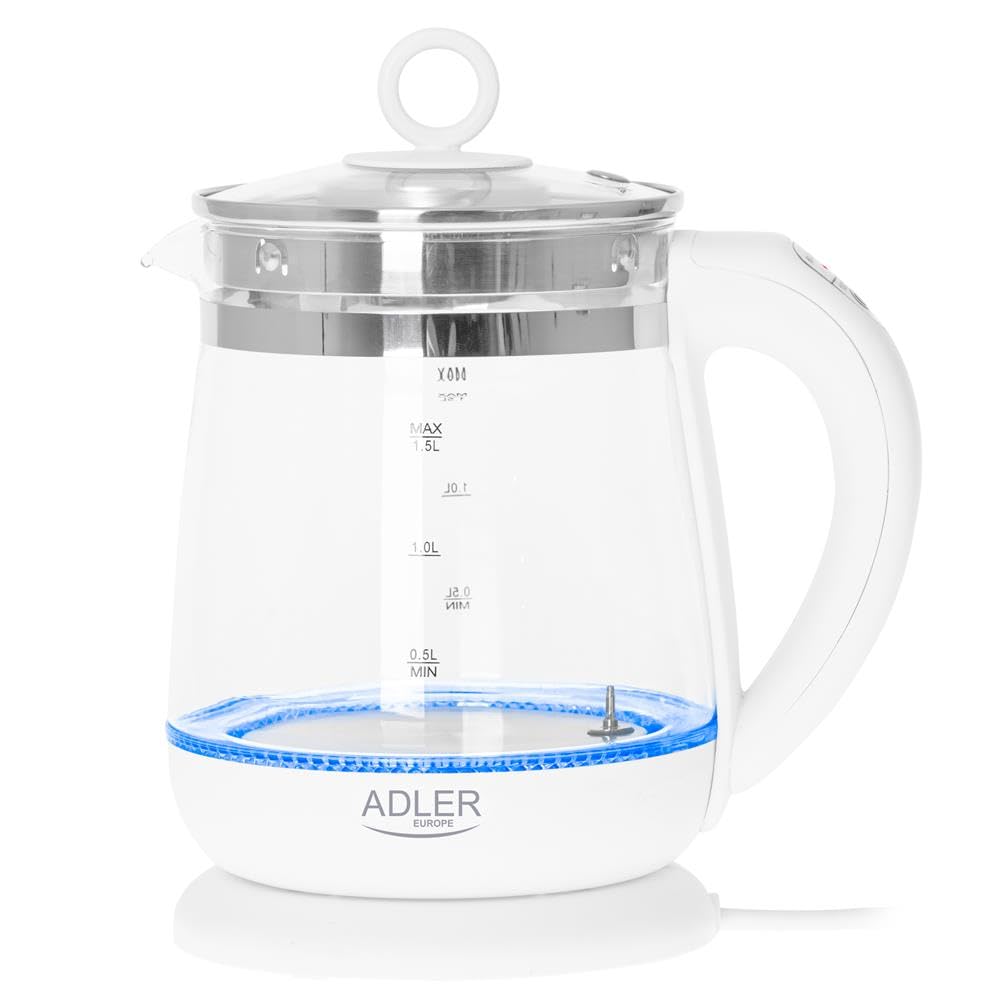 Adler AD 1299 Hervidor de Agua Eléctrico de Cristal 1,5 Litros,Infusor,Vidrio sin BPA,Retroiluminado,Regulador Temperatura 60 a 100 gradosC, Apagado Automático, Inalámbrico 360grados sin Cable, 2200W