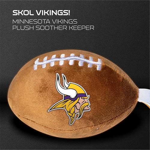 Image of Minnesota Vikings Plush Football Pacifier Holder by Smilo - Officially Licensed NFL Soother Holder - Soft Plush Toy and Dummy Holder - Fits Any Pacifier - Stroller Accessory & Newborn Essential