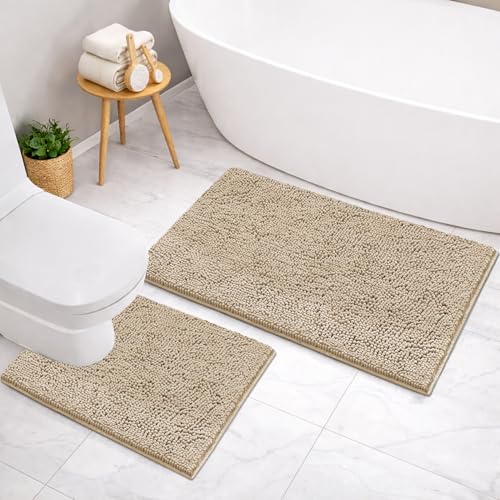 Image of LUXEHOME International Microfibre Chenille Contour Bath Mat Set for Bathroom, Anti Slip Super Absorbent Quick Dry Washable Bathroom Mats, Solid (Beige 45x75cm & 47x47cm) Pack of 2