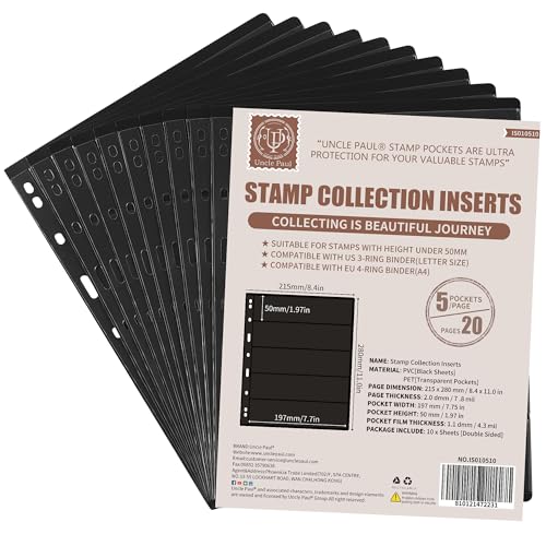 10 Hojas de páginas para álbumes de Sellos Postales, 5 Bolsillos, 7,7 x 1,97 Pulgadas, Insertos para colección de Sellos, Fundas para Carpeta de colección de Sellos IS010510