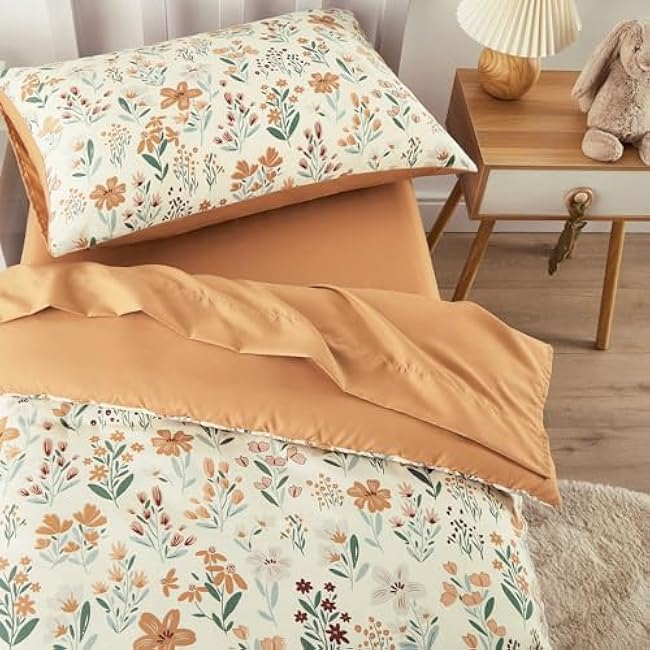 Wake In Cloud - Floral Toddler Bedding Set for Girls, Cute Colorful Botanical Flowers, 4 Pieces Soft Crib Bed Set Including Comforter, Sheets and Pillowcase, Orange Cream