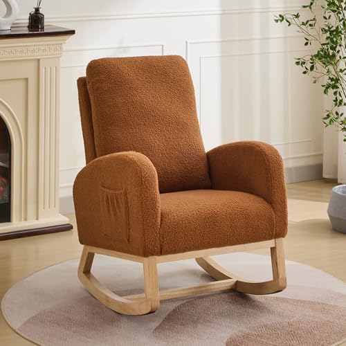 Image of Rocking Chair Nursery, Glider Rocking Accent Chair with Wood Legs, High Back Pocket Modern Upholstered Nursery Chair, Comfy Accent Rocker Armchair for Living Room Bedroom, Sherpa Caramel