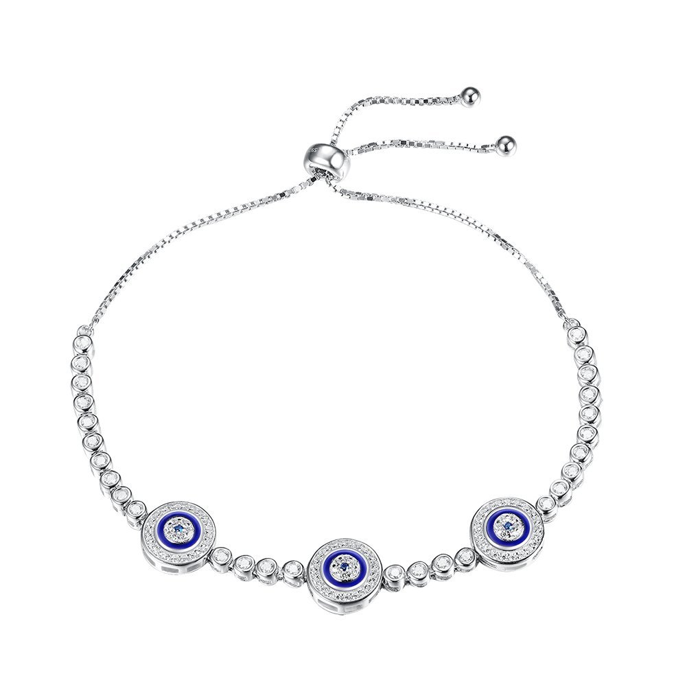 TONGZHEBlue Evil Eye Hamsa Tennis Bracelet Sterling Silver 925 White Cubic Zirconia Adjustable 10 inches Box Chain