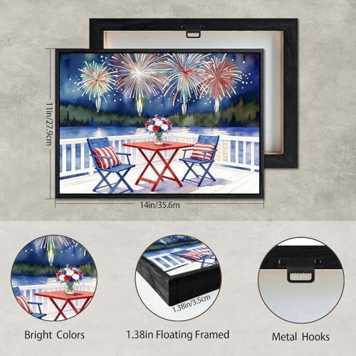 Image of American Flag Framed Canvas Wall Art, 4th of July Red White Blue Canvas Prints, Watercolor Lakefront Fireworks Patriotic Decorations, Independence Day Wall Decor for Bedroom Living Room 11x14