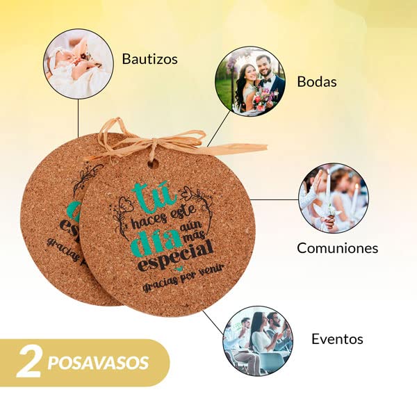 Lote de 20 Set de 2 Posavasos de Corcho Kraft con FRASES Invitados - Posavasos, posa vasos originales para Detalles, Recuerdos y Regalos de Bodas, Bautizos y Comuniones