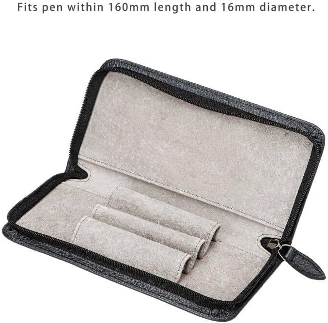 Miniatura 3 de Lanxivi Funda de piel auténtica para pluma estilográfica con 3 ranuras divididas, color negro, estuche con cremallera para bolígrafo, soporte de