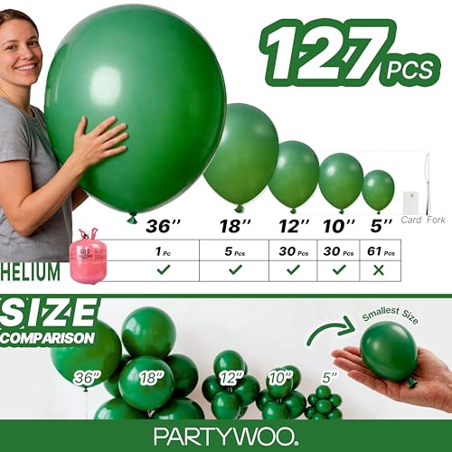 Image of PartyWoo Dark Green Balloons 127pcs Different Sizes of 36 18 12 10 5 Inch Emerald Hunter Forest Green Balloon Arch Kit for Birthday Christmas Graduation Dinosaur Jungle Party Decorations Green-Y56