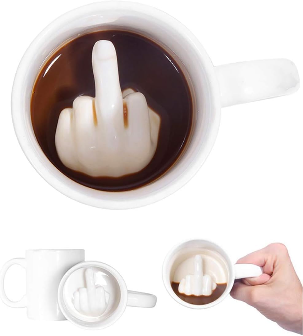 Up Yours Mug Thumbs Up Ceramic Middle Finger Coffee Cup 14 Ounces Milk Tea Funny Coffee Gift Mug for New Year, Christmas, Halloween and Birthday(White1)