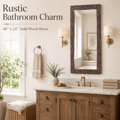 Image of Wooden Bathroom Wall Mirror,Solid Wood Frame,52x20x1.25 Burnt Brown | Farmhouse Decorative Wall Mirror for Bathroom, Bedroom, Living Room & Entryway, Vertical /Horizontal Hanging