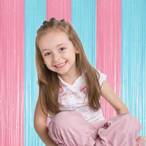 Image of Voircoloria 2 Pack Pastel Blue and Pink Foil Fringe Backdrop Curtains, Tinsel Streamers Party Decorations, Fringe Backdrop for Gender Reavel, Baby Shower Party