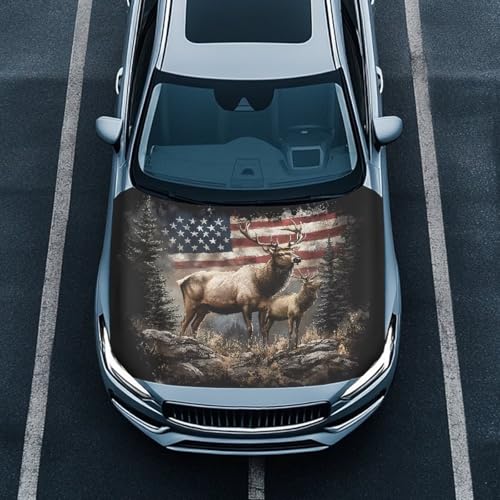 Image of Elk USA Flag Car Hood Cover Polyester Elastic Fabrics Can be Washed Suitable for Large SUV and Pickup Trucks