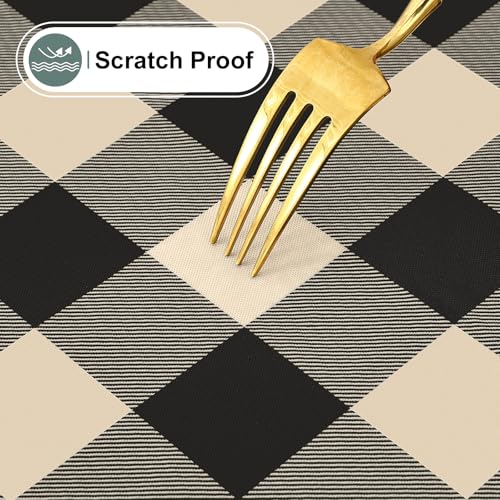 Image of misaya Square Waterproof Vinyl Table Cloth, Buffalo Flannel Backed Tablecloth, Wipeable Plastic Table Cover for Dinner, Kitchen, Outdoor (54 inch x 54 inch, Black and Beige)
