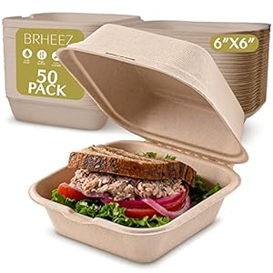 brheez Disposable Clamshell To-Go Containers – Bagasse Fiber Biodegradable Containers with Lids for Takeout, Parties, & Holidays – Pack of 50 Chemical-Free, 1-Compartment Boxes, 6″x6″, Natural