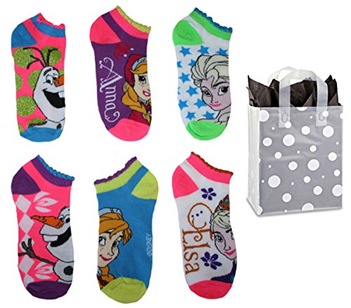 Disney Frozen Big Girls' 6 Pair Ruffled No Show Socks & Bag Gift Set (Medium 6-8)