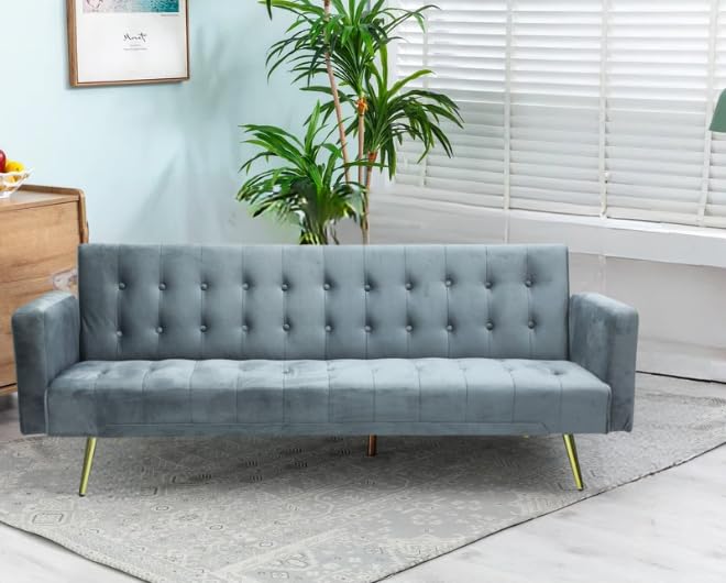 Sulsha Multifunctional Convertible Folding Sofa Bed with Tufted Back & Seat and Durable with Golden Chrome Legs for Living Room Apartment Home office (GREY VELVAT)