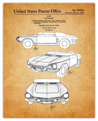 Vintage Patent Prints Wall Art - Classic Car Wall Art Photo Prints, Corvette Car Patent Art Prints Engine Poster, Gifts For Dad & Stepdad - Bathroom Prints & Engineering Posters Set Of 2, 8X10 #TOP2