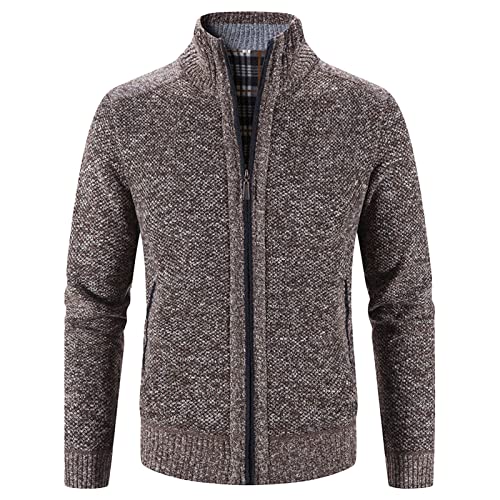 Men's Full Zip Up Cardigan Sweaters Regular Fit Flannel Lining Knitted Cardigans Zipper Thick Knit Sweater Coat (Brown,Large)