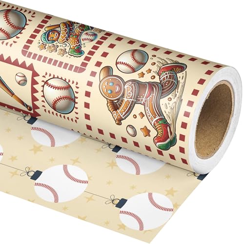 Vnaaem Reversible Baseball Christmas Wrapping Paper Roll for Kids Men - Funny Gingerbread Man Brown Gift Wrap for Holiday Party Celebration DIY Craft - 17 In X 20 Ft(Total 28.5sq.ft)