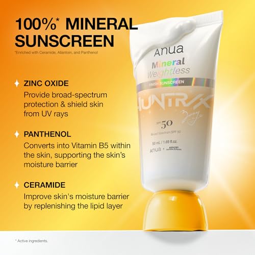 Image of Anua Mineral Weightless Finish Sunscreen SPF 50, Broad Spectrum, Zinc-Based for Sensitive Skin, Lightweight Hydrating Lotion Texture, Under Makeup, KPop Demon Hunters, Korean Skincare, 1.69 fl oz