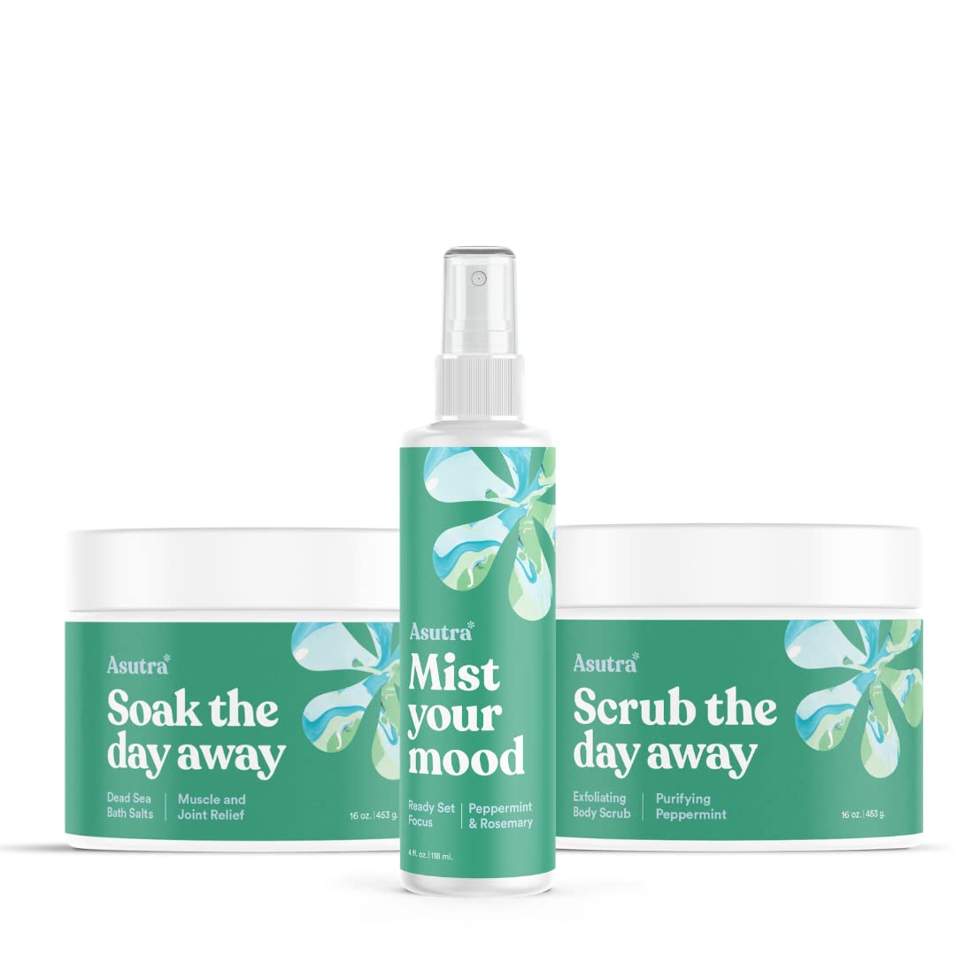 ASUTRA Peppermint Scent Bundle, 4 Fl oz Peppermint & Rosemary Essential Oil Aromatherapy Spray, 16 oz Peppermint Dead Sea Bath Salts, 16 oz Purifying Peppermint Dead Sea Salt Body Scrub