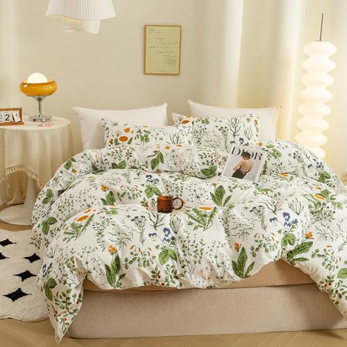 ECOCOTT 3 Pieces Floral Duvet Cover Sets King Size,100% Natural Cotton Floral Pattern 1 Duvet Cover with Zipper and 2 Pillowcases, Ultra Soft and Easy Care Breathable Cozy Simple Style Bedding Set