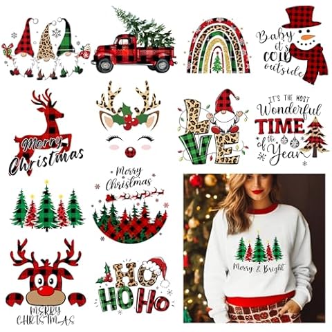 Christmas Iron on Decals for Clothing HTV Heat Transfer Stickers 12pcs Iron on Patches Buffalo Plaid Sticker for Clothes Bag Pillow Covers DIY Decorations (Christmas Red-12pcs) Cover