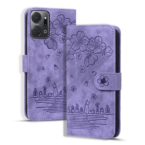 Custodia Compatibile con Honor X7A Premium Magnetica Flip Cover Funzione Supporto Portafoglio X7a Gatto viola pelle