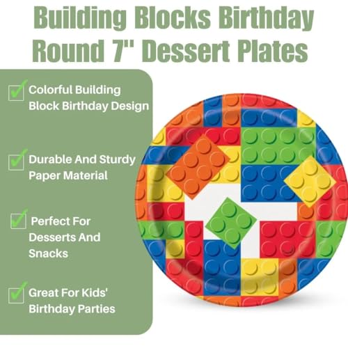 Image of Bold & Bright Building Blocks Birthday Round Dessert Plates - 7 inch (Pack of 8) - Vibrant & Fun-Themed Party Tableware - Perfect for Kids' Milestone Celebration
