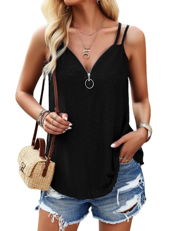 Haibang Tanktop voor dames, zomer, spaghettibandjes, mouwloos, elegant, losse pasvorm, solide onderjas van kant, casual blouse, T-shirt, blouse van stof met oogjes, Rood, L