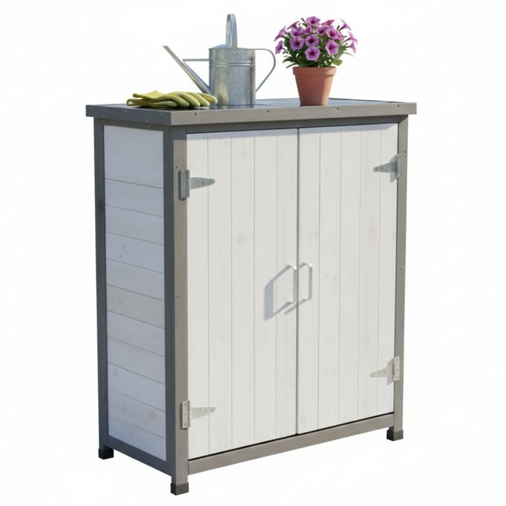 Mucola Geräteschrank Garten 75x40x90 cm Holz Weiß – wetterfester Gartenschrank mit Einlegeboden & silberfarbenen Beschlägen – Aufbewahrungsschrank Outdoor für Terrasse Balkon Gartenschuppen