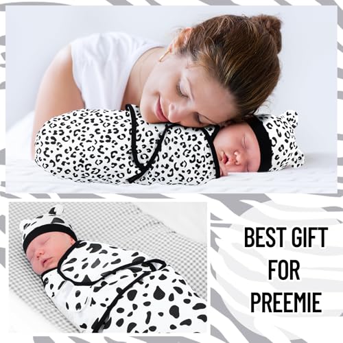 Image of Buryeah 4 Pack Preemie Swaddle Blanket Wrap Set with Hat for Baby Boys Girls 3-7 Lbs Preemie Newborn Clothes Sleepers Cap (Black and White,Leopard)