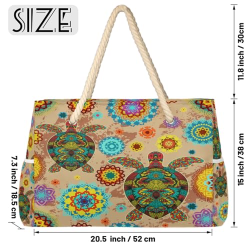 Painted Turtle Mandalas Beach Bag for Women Waterproof Sandproof Tote with Zipper Cotton Rope Handles for Travel Pool Gym Shopping2
