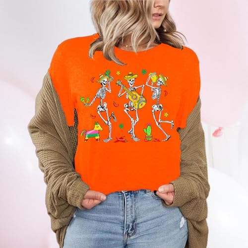 Cinco De Mayo Shirts for Women Funny Skeleton Dabbing Tshirt Mexican Fiesta Shirt Mexico Tee Sombrero Tops Orange