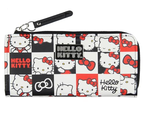 Carteira Sanrio Hello Kitty com design de personagem quadriculado de couro sintético com zíper completo com emblema de metal Hello Kitty, Tabuleiro de xadrez, tamanho �nico