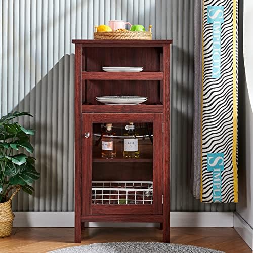 8-Bottle Bar Cabinet Display Cupboard for Dining Room Kitchen, Wine Storage Cabinet with Shelf Glass Door, Wood Buffet Table with Wine Rack Free Standing Small Sideboard for Home Office, Red Walnut
