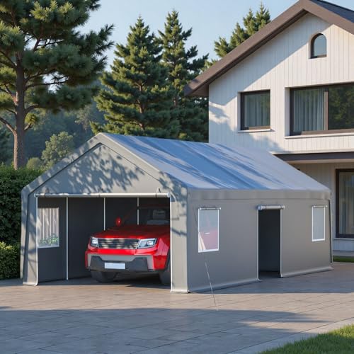 Trygoal 13x26 FT Heavy Duty Carport, Outdoor Storage Shed Tent with 2 Roll-Up Doors, 1 Side Door, Removable End Walls & Windows, All-Weather Portable Garage Shelter with 12-Leg Stability Frame, Grey - Thumbnail 2