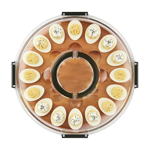 Bandeja de huevos – Bandeja de servicio de 14 pulgadas | Soporte de aperitivo de madera – Tapa de acrílico de 24 ranuras para tableros de embutidos, mantiene los bocadillos frescos y seguros durante