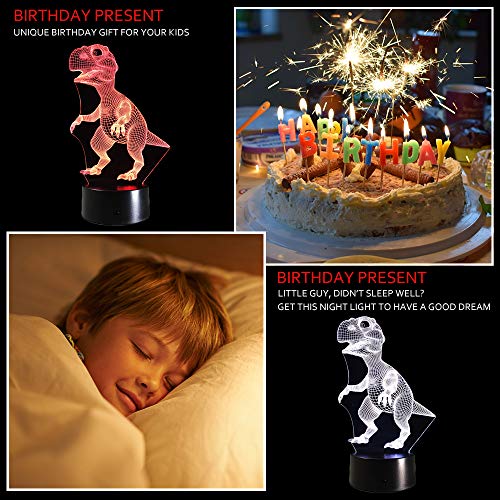 Ticent Dinosaur 3D Night Light Touch Activated Desk Lamp, 7 Colors 3D Optical Illusion Lights With Acrylic Flat, Abs Base & Usb Charger For Christmas Kids Gifts #TOP2
