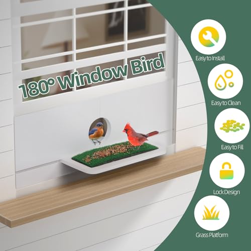 MIXXIDEA Window Bird Feeder for Viewing, Large Wooden Bird Feeders with 180° Clear View, Feeder for Window with Grass Platform, Easy to Assemble (White) - Thumbnail 6