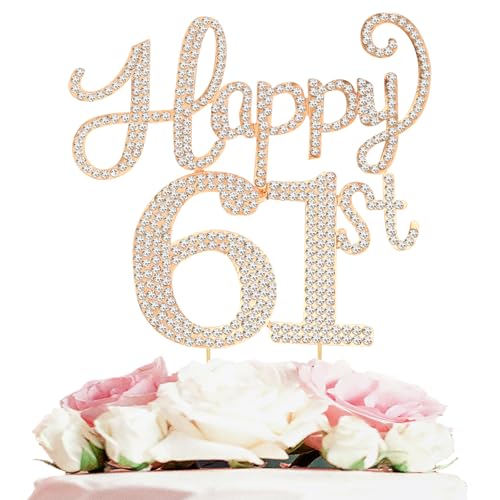 LASKYER Happy 61st Birthday Decorations,61st Birthday Gold Rhinestone Cake Topper - Cheers to 61 Years Old Bday Party Metal Sparkly Cake Centerpieces Sign.