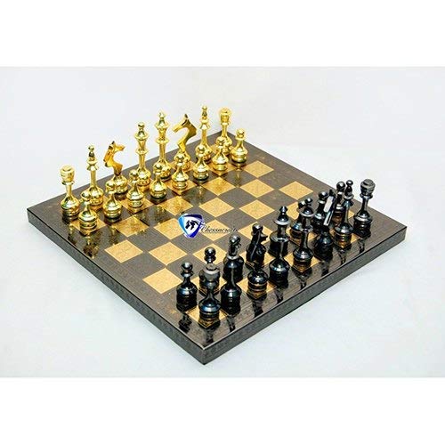 Jeu d'échecs en laiton sculpté Doré Noir 30,5 cm - Échiquier métal