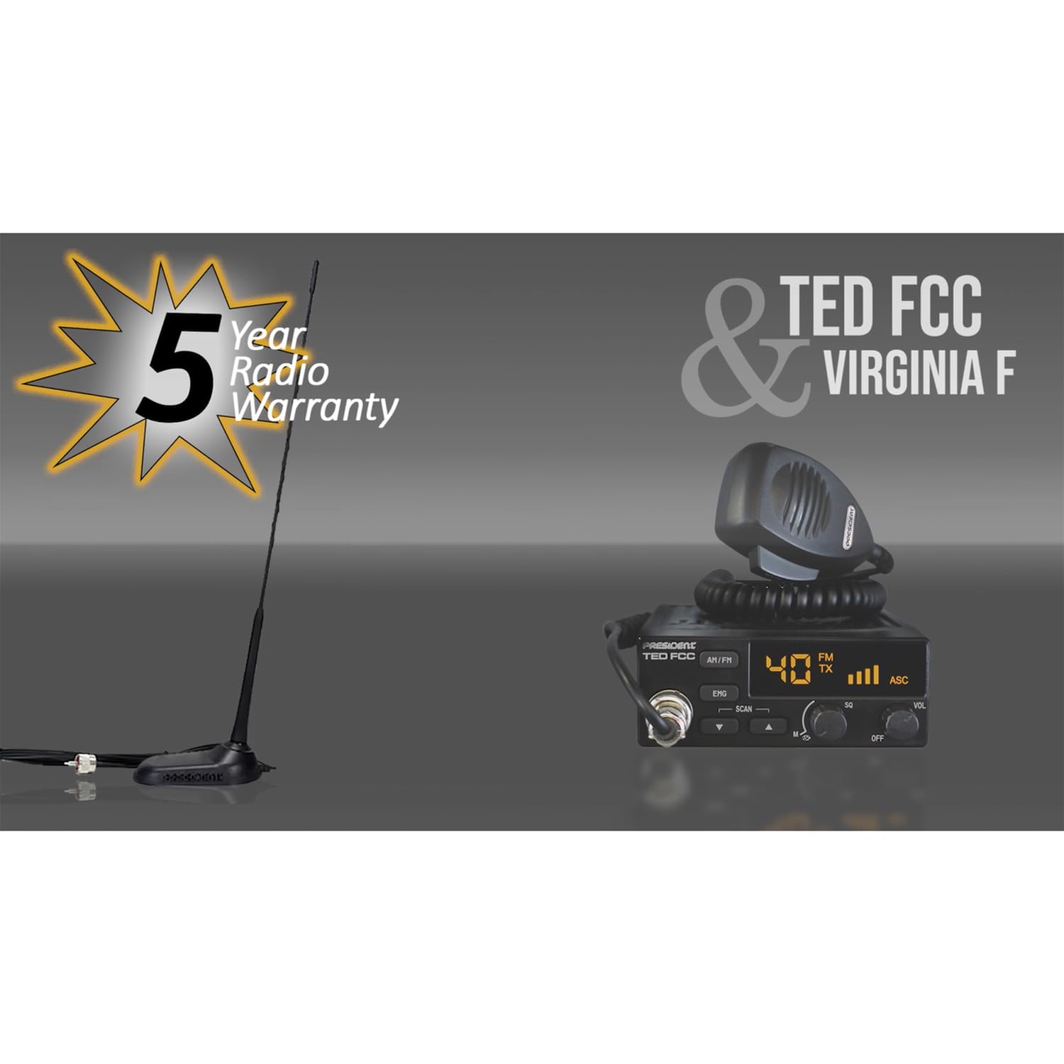 President Kit de inicio de radio CB con TED FCC de 40 canales de 12 voltios AM/FM CB Radio y antena de montaje magnético Virginia F