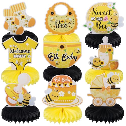 Image of 9pcs Black Yellow Welcome Baby Bee Honeycomb Centerpieces Sweet As Can Bee Baby Shower Party Table Decorations Bumble Bee Table Centerpieces for Newborn Boy Hello Baby Table Topper Sign Decorations