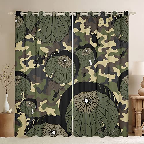 Camouflage Curtains Military Parachute Window Curtains for Bedroom Living Room for Kids Boys Girls Camo Window Drapes Army Green Black Window Treatments W52*L63