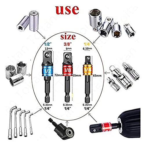 Impact Grade Socket Adapter Set - 3 Pcs Extension Drill Bit Socket Wrench Adapter for Impact Driver 1/4 3/8 1/2" Drive, 105 Degree Right Angle Drill Attachment for Household Workplace Industry