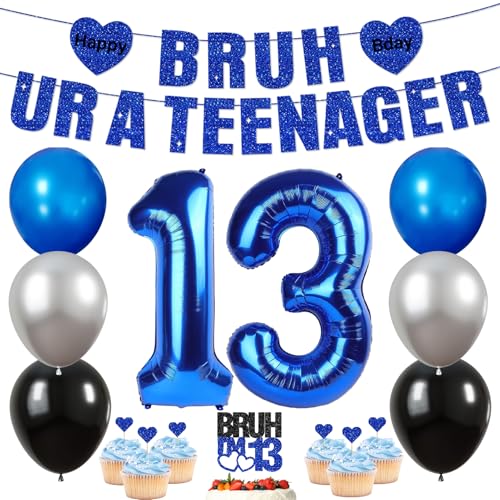 Yesiyeik 13th Birthday Party Decorations for Boys Pre-Strung BRUH UR A TEENAGER Banner Foil Balloons Latex Balloon Cake Cupcake Toppers Blue Silver 17pcs 13 Years Old Birthday Party Favor Supplies