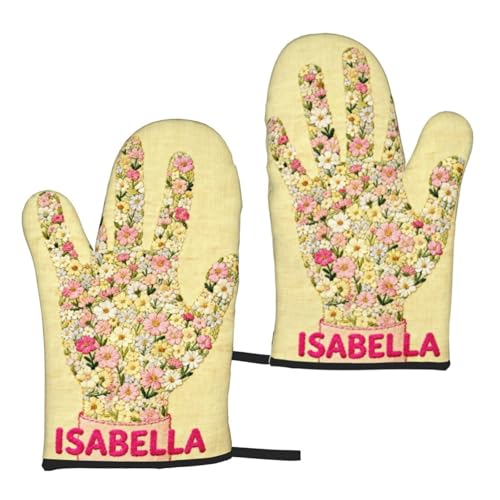 Personalized Oven Mitts with Name, Custom Floral Embroidery Hand Design Heat Resistant Kitchen Gloves, Boho Flower Keepsake Gift for Mom Grandma, Unique Birthday Present - 1 Pair