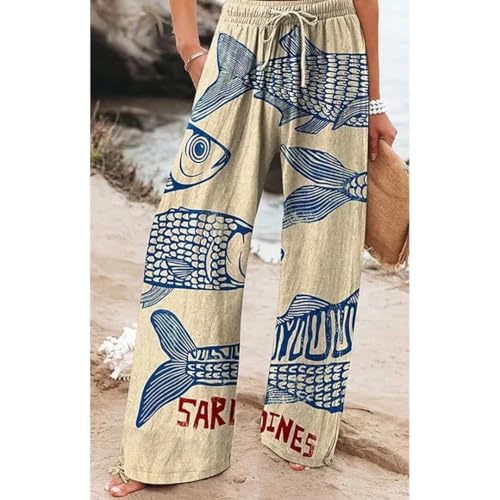 Women's Sardine Graphic Palazzo Pants Elastic Wide Leg High Waisted Vacation Baggy Boho Pants with Pockets3