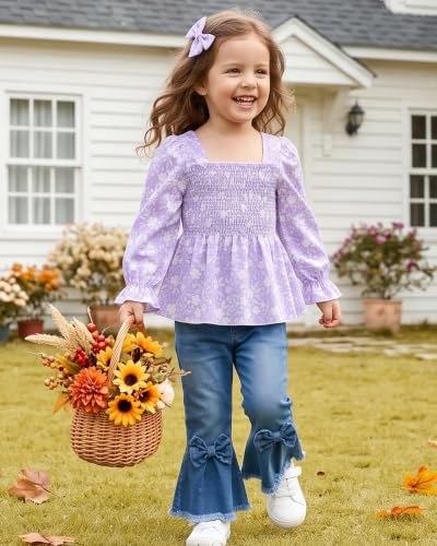 Image of Kucnuzki Toddler Kids Girl Clothes Long Sleeve Shirt Tops Baggy Jeans Cute Pants Set Baby Girl Outfit 2 Piece Clothing