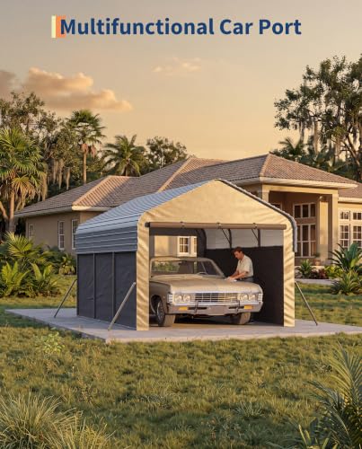 Image of GarveeLife 10x15x9 ft Metal Carport, Enclosed Car Ports | Removable 220 g Tarp / Gable End Doors and Sidewalls, for Sedans, Boats, and Tractors